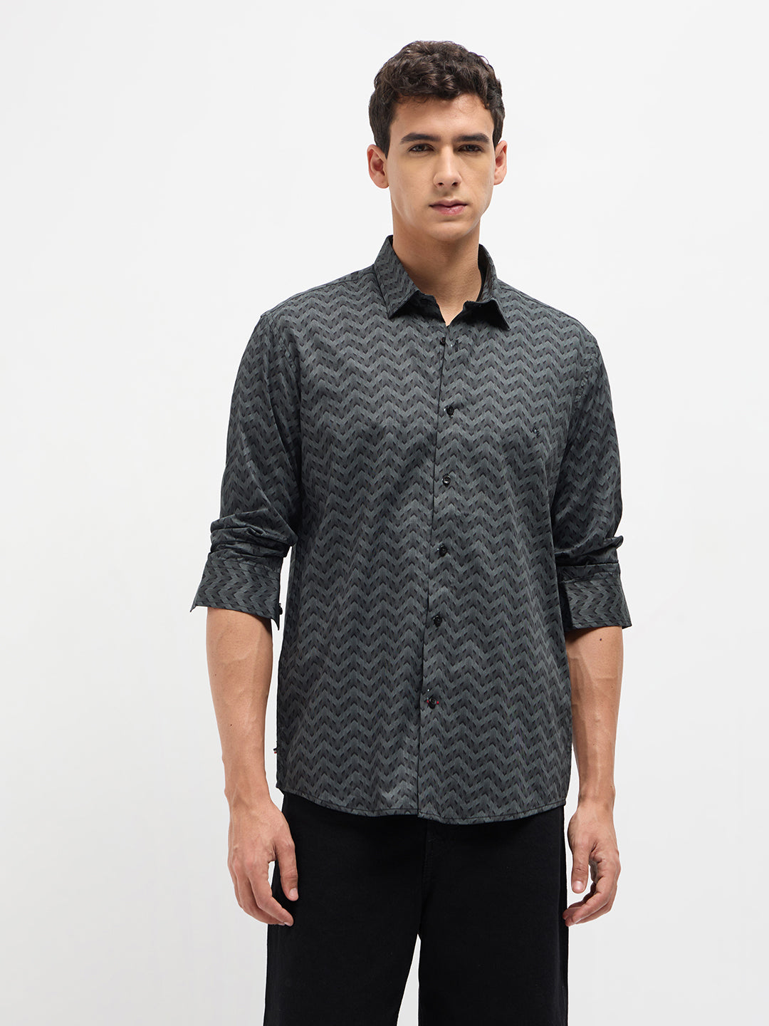 Graphite Grey and Black Geometric Printed Casual Shirt