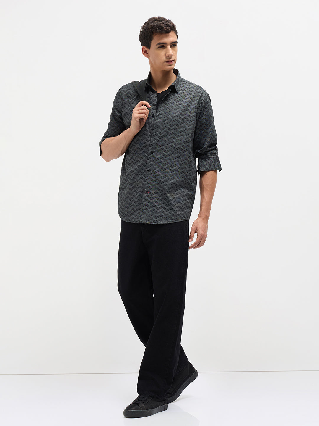 Graphite Grey and Black Geometric Printed Casual Shirt