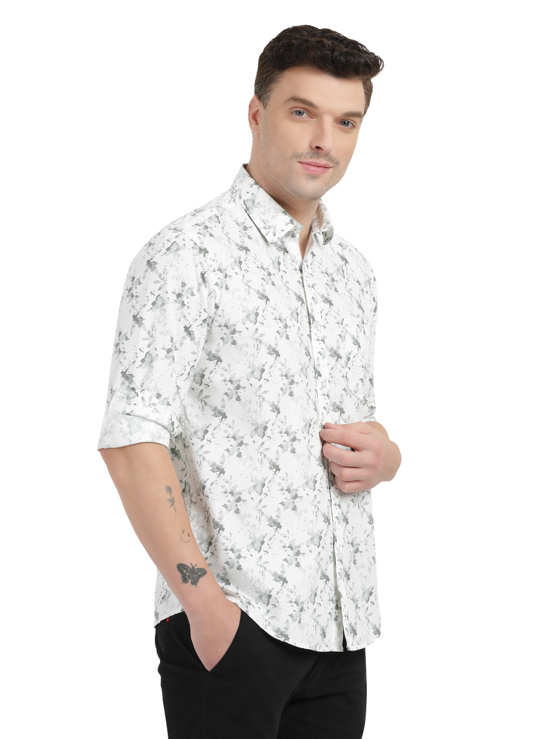 White with Grey Floral Casual Shirt