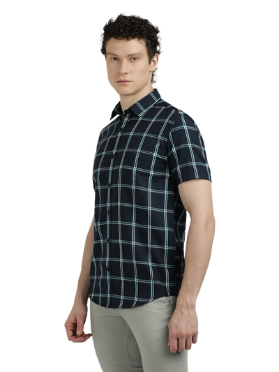 Navy Blue With Green Checked Casual Shirt