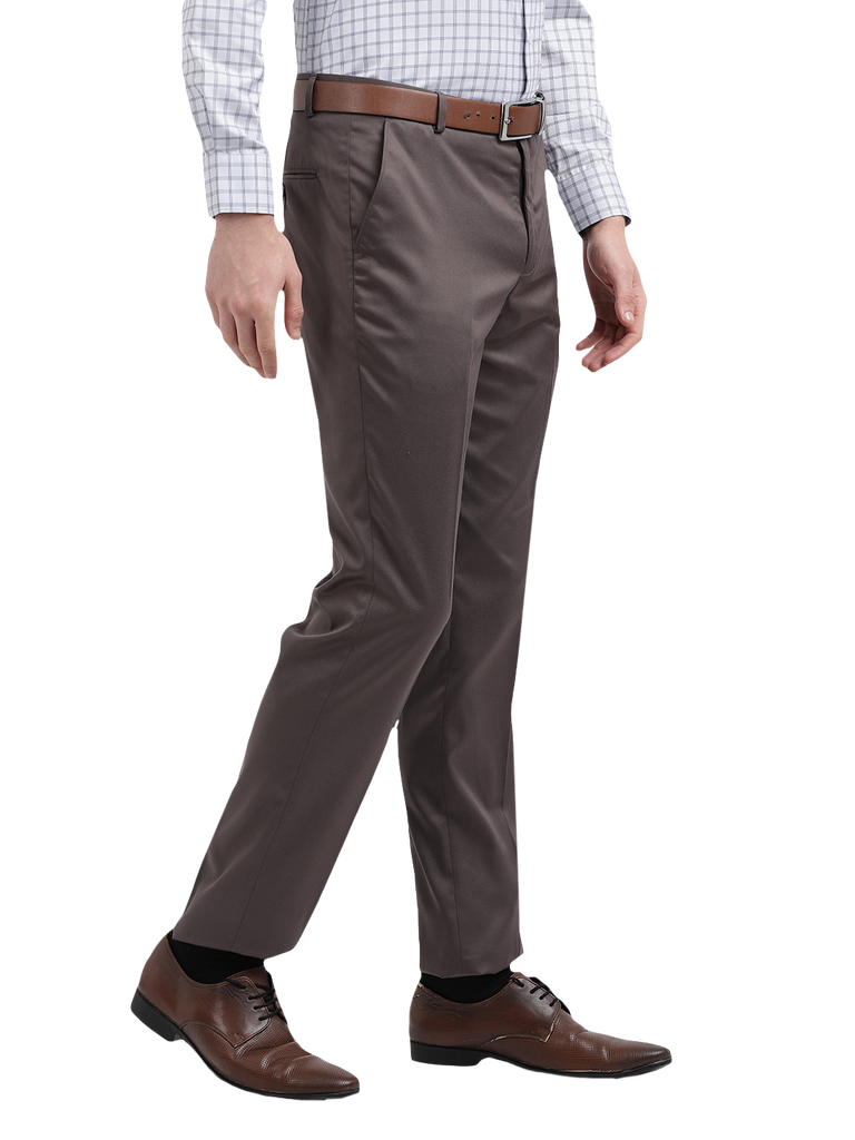 Model wearing Clarke Gable's Grey Sharp Fit Trousers in a casual setting