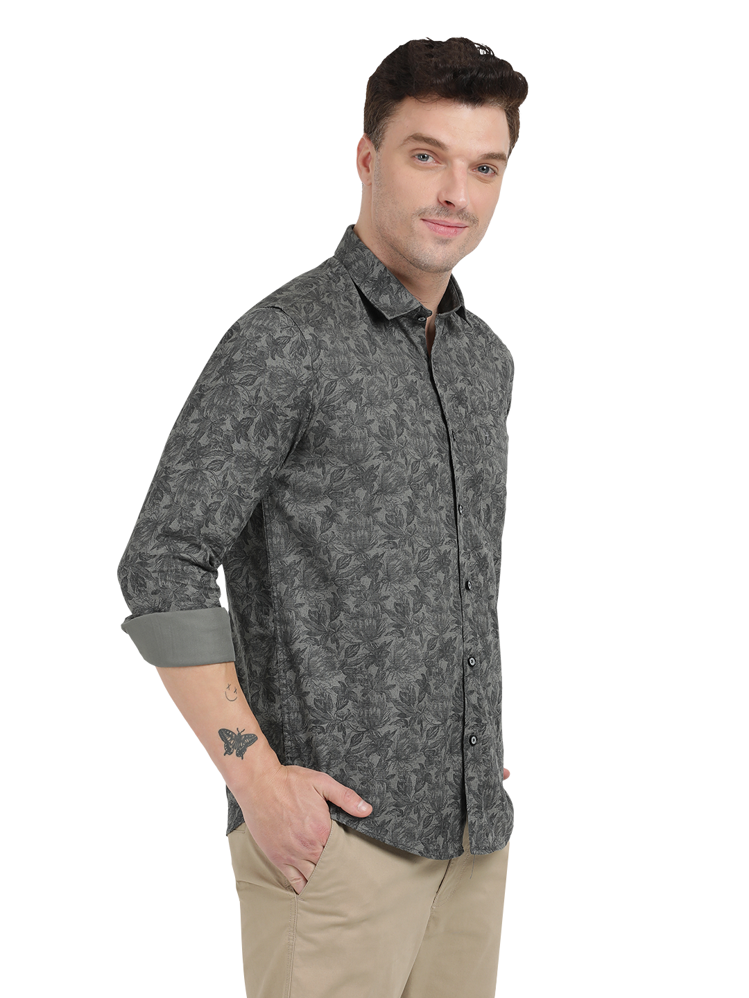 Grey with Black Printed Casual Shirt