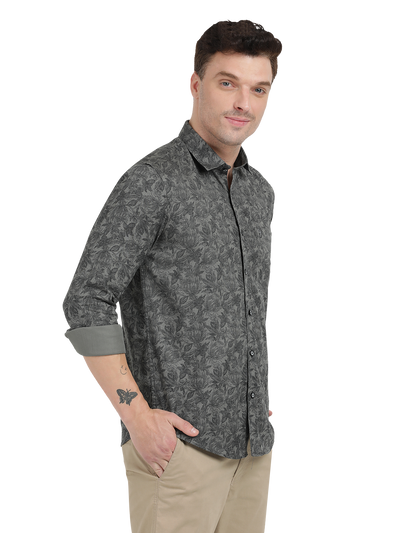Grey with Black Printed Casual Shirt