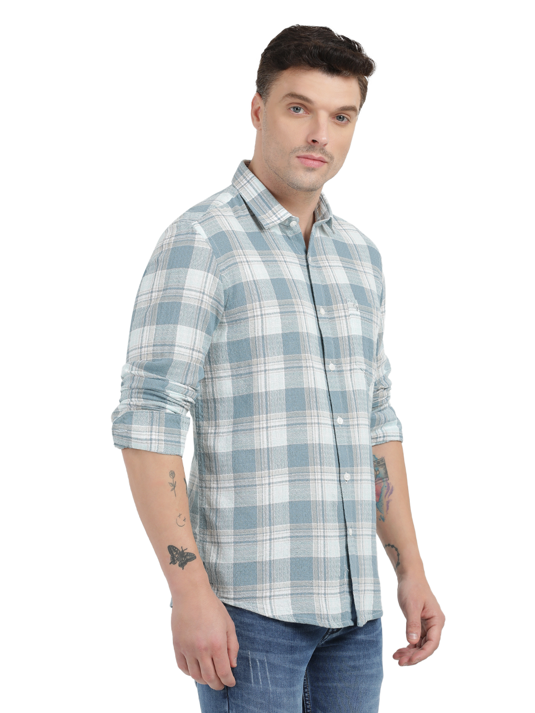 White with Sky Blue Checked Casual Shirt
