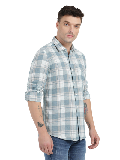 White with Sky Blue Checked Casual Shirt