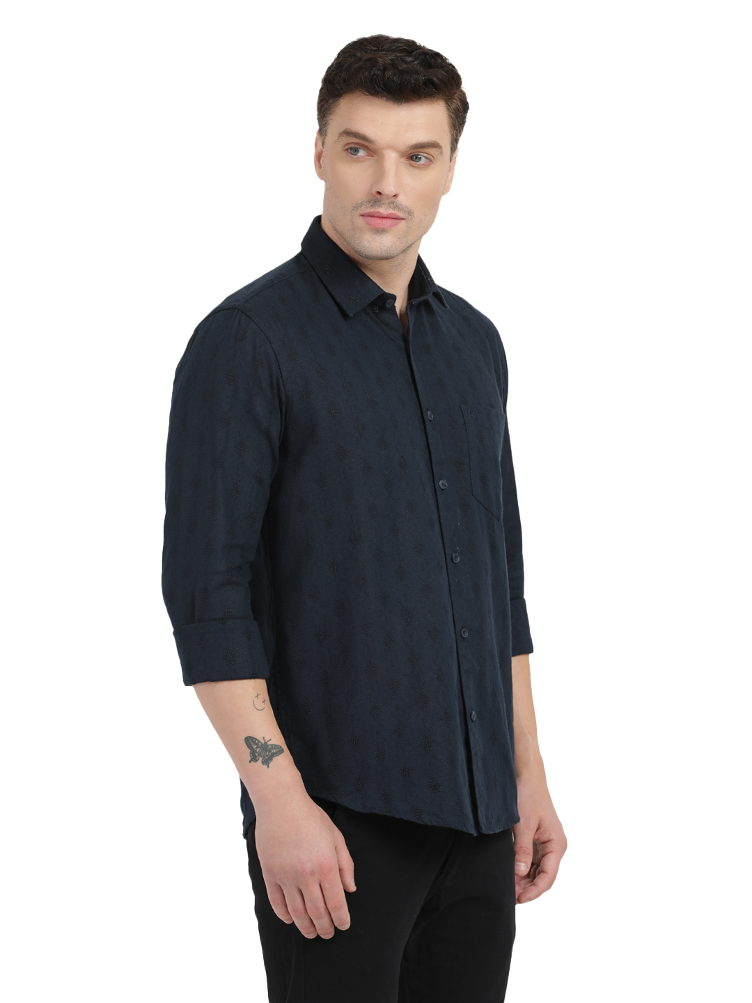 Navy Blue with Subtle Textured Pattern Casual Shirt