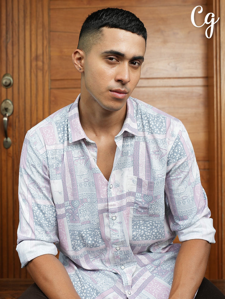 Model wearing Clarke Gable's Pink with Grey Printed Casual Shirt in a casual setting