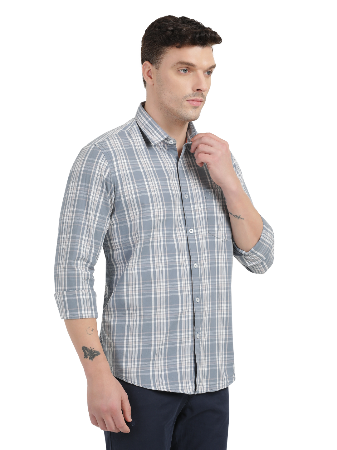 Sea Blue with White Checked Casual Shirt