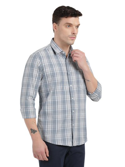 Sea Blue with White Checked Casual Shirt