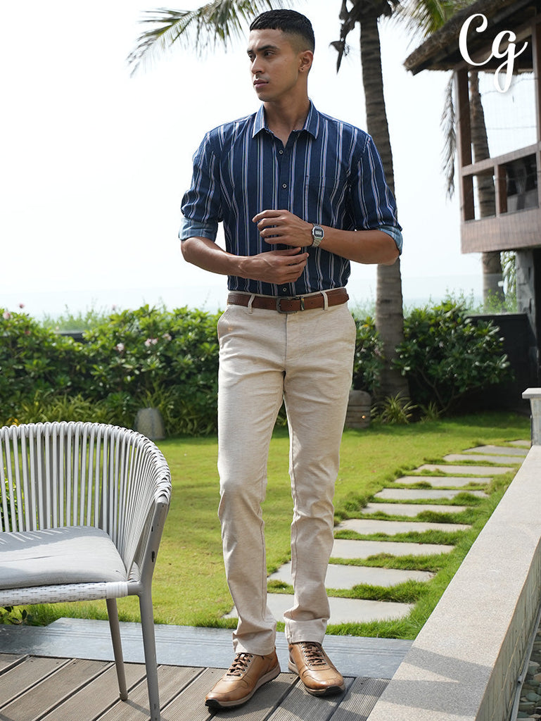 Model wearing Clarke Gable's Blue Striped Casual Shirt in a casual setting