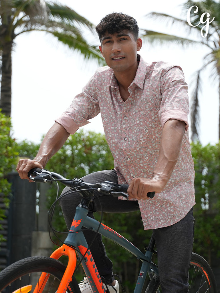 Model wearing Clarke Gable's Beige Printed Casual Shirt in a casual setting