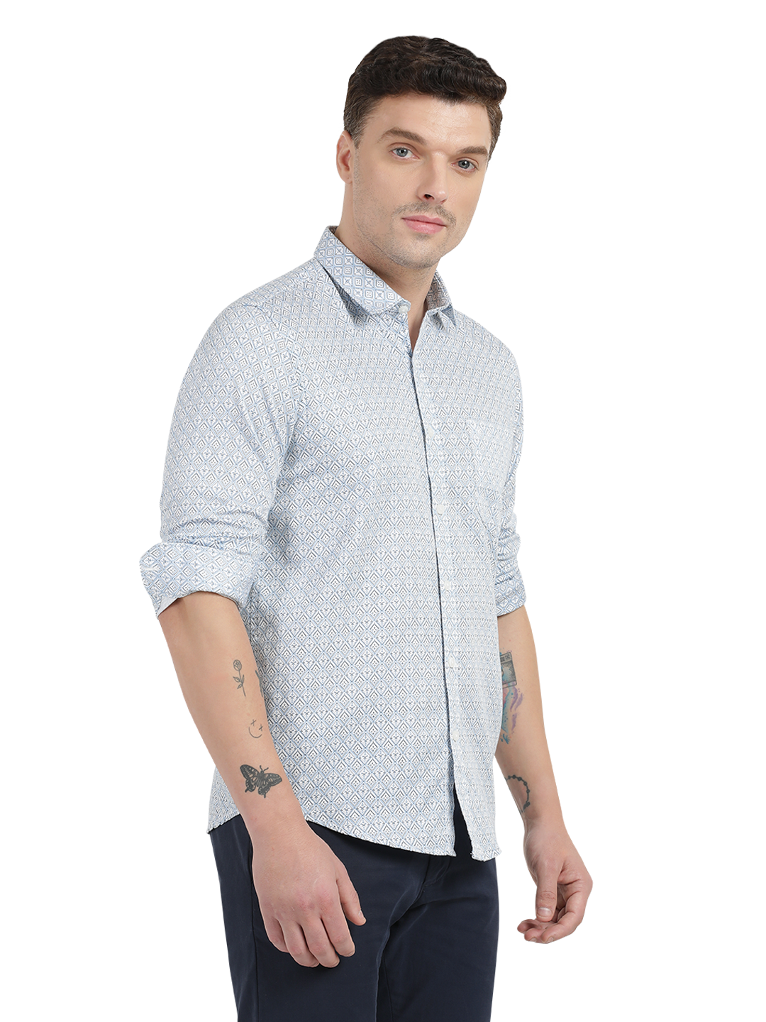 White with Blue Printed Casual Shirt