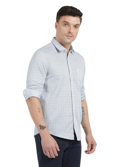 White with Blue Printed Casual Shirt
