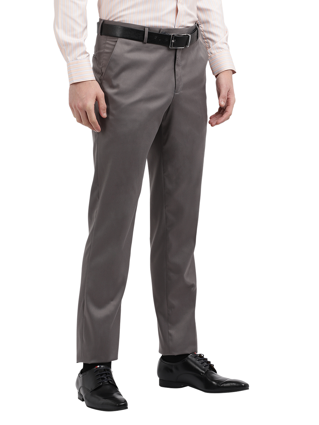 Model wearing Clarke Gable's Grey Casual Fit Trousers in a casual setting
