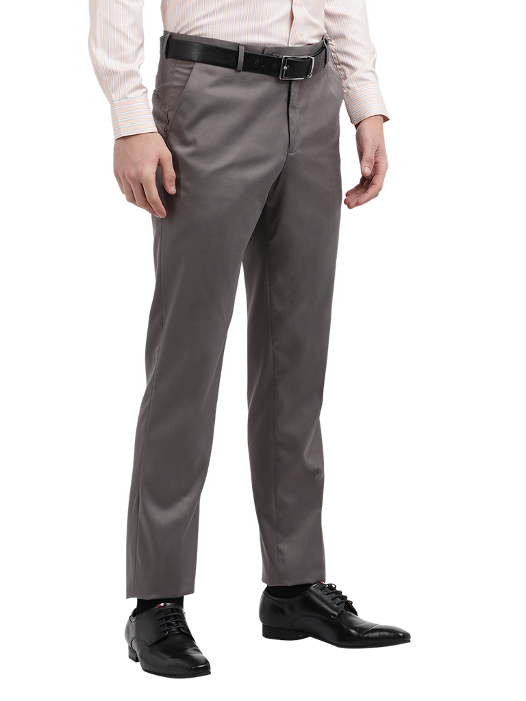 Model wearing Clarke Gable's Grey Casual Fit Trousers in a casual setting