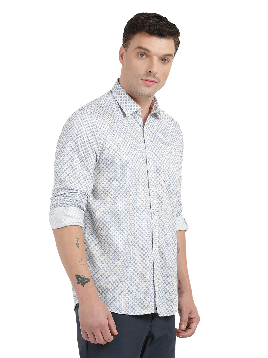 White with Blue Geometric Print Casual Shirt