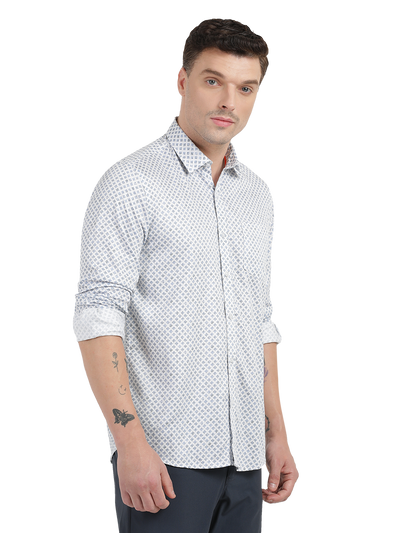 White with Blue Geometric Print Casual Shirt