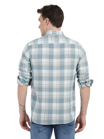 White with Sky Blue Checked Casual Shirt