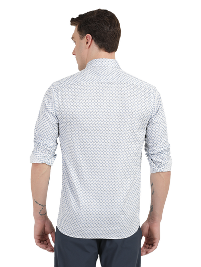 White with Blue Geometric Print Casual Shirt