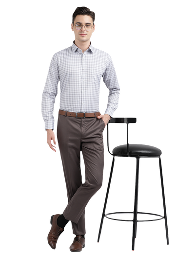 Model wearing Clarke Gable's Grey Sharp Fit Trousers in a casual setting