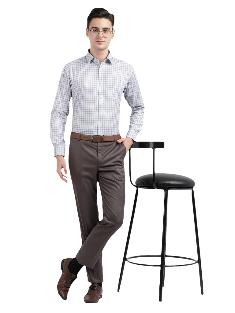 Model wearing Clarke Gable's Grey Sharp Fit Trousers in a casual setting