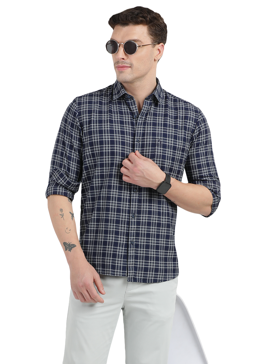Blue with Grey Cheked Casual Shirt