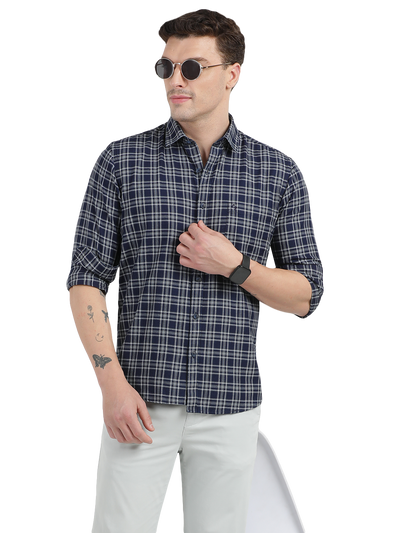 Blue with Grey Cheked Casual Shirt