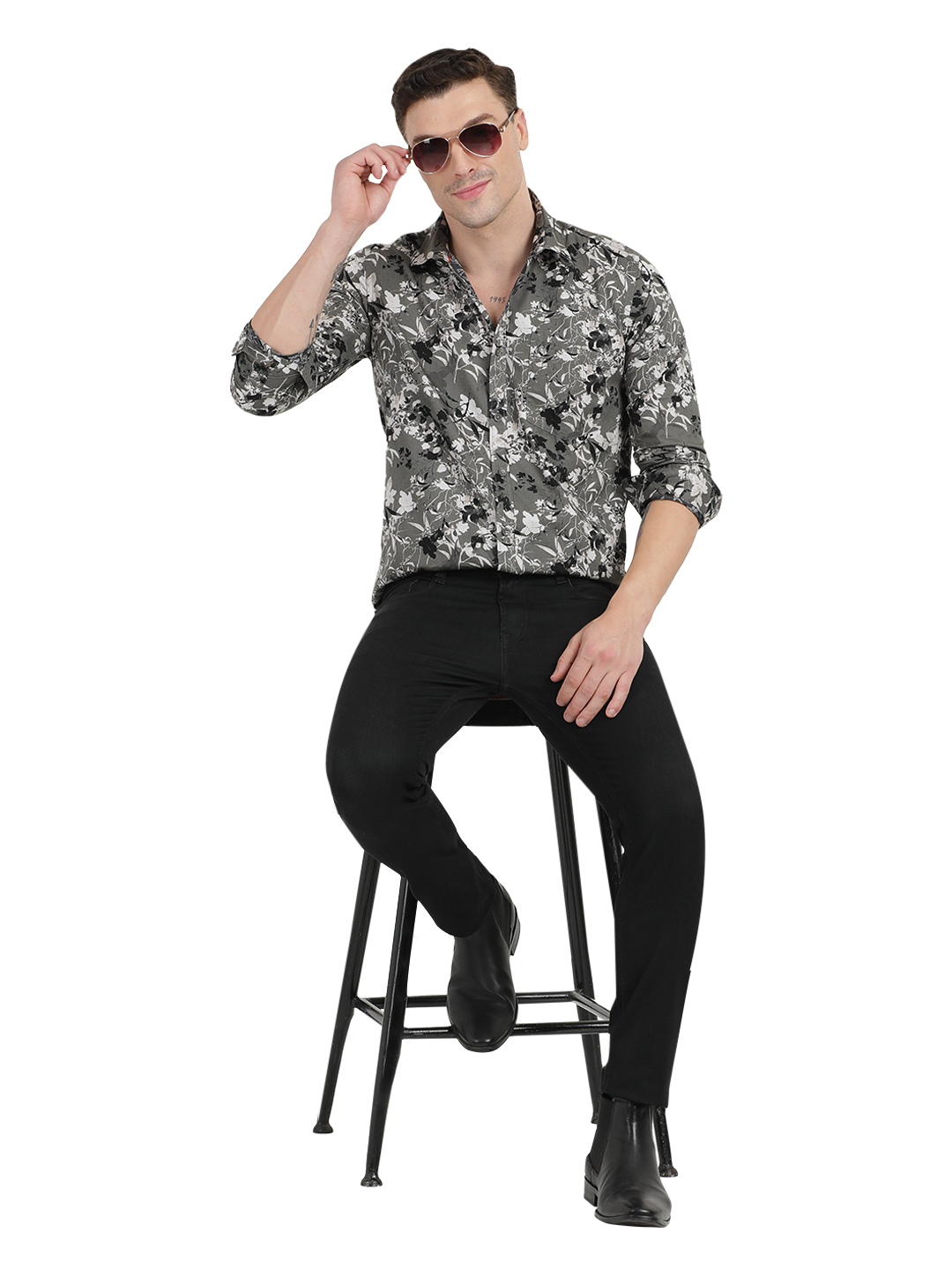 Grey with White and Black Casual Shirt