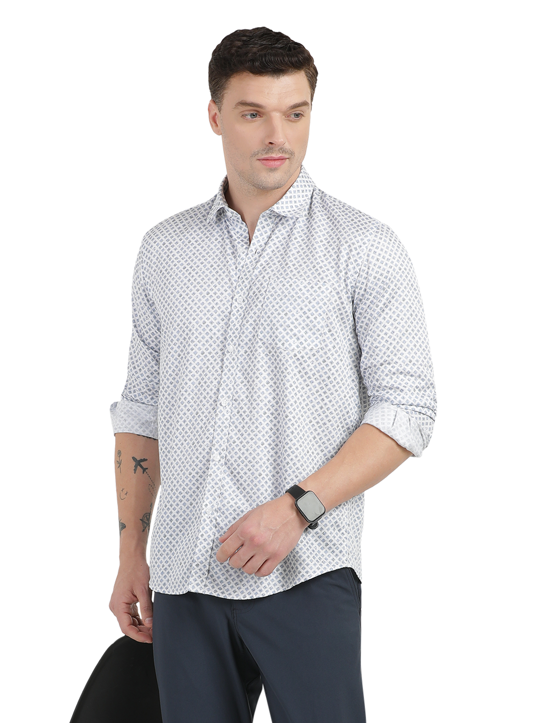 White with Blue Geometric Print Casual Shirt