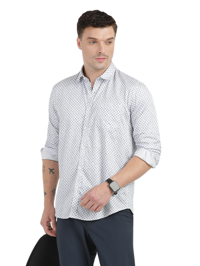 White with Blue Geometric Print Casual Shirt