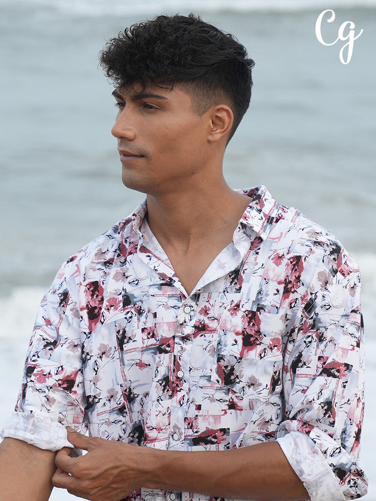 Model wearing Clarke Gable's White Printed Casual Shirt in a casual setting