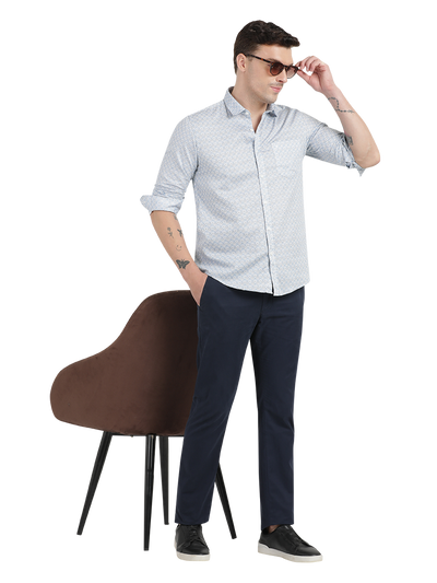 White with Blue Printed Casual Shirt