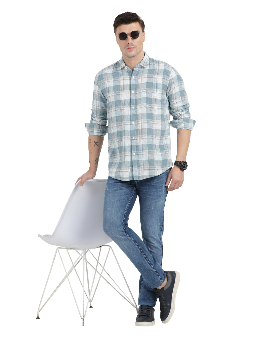 White with Sky Blue Checked Casual Shirt
