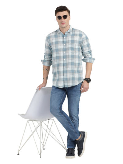 White with Sky Blue Checked Casual Shirt