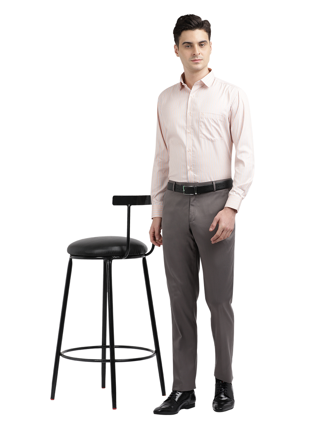 Model wearing Clarke Gable's Grey Casual Fit Trousers in a casual setting