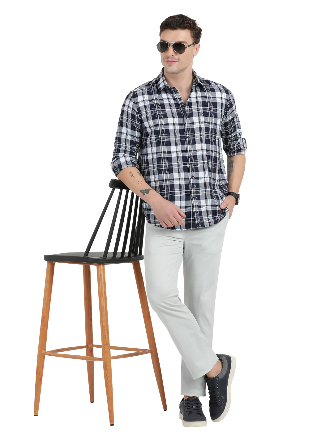 Navy Blue with White and Grey Checked Casual Shirt