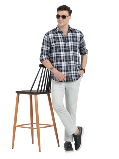 Navy Blue with White and Grey Checked Casual Shirt