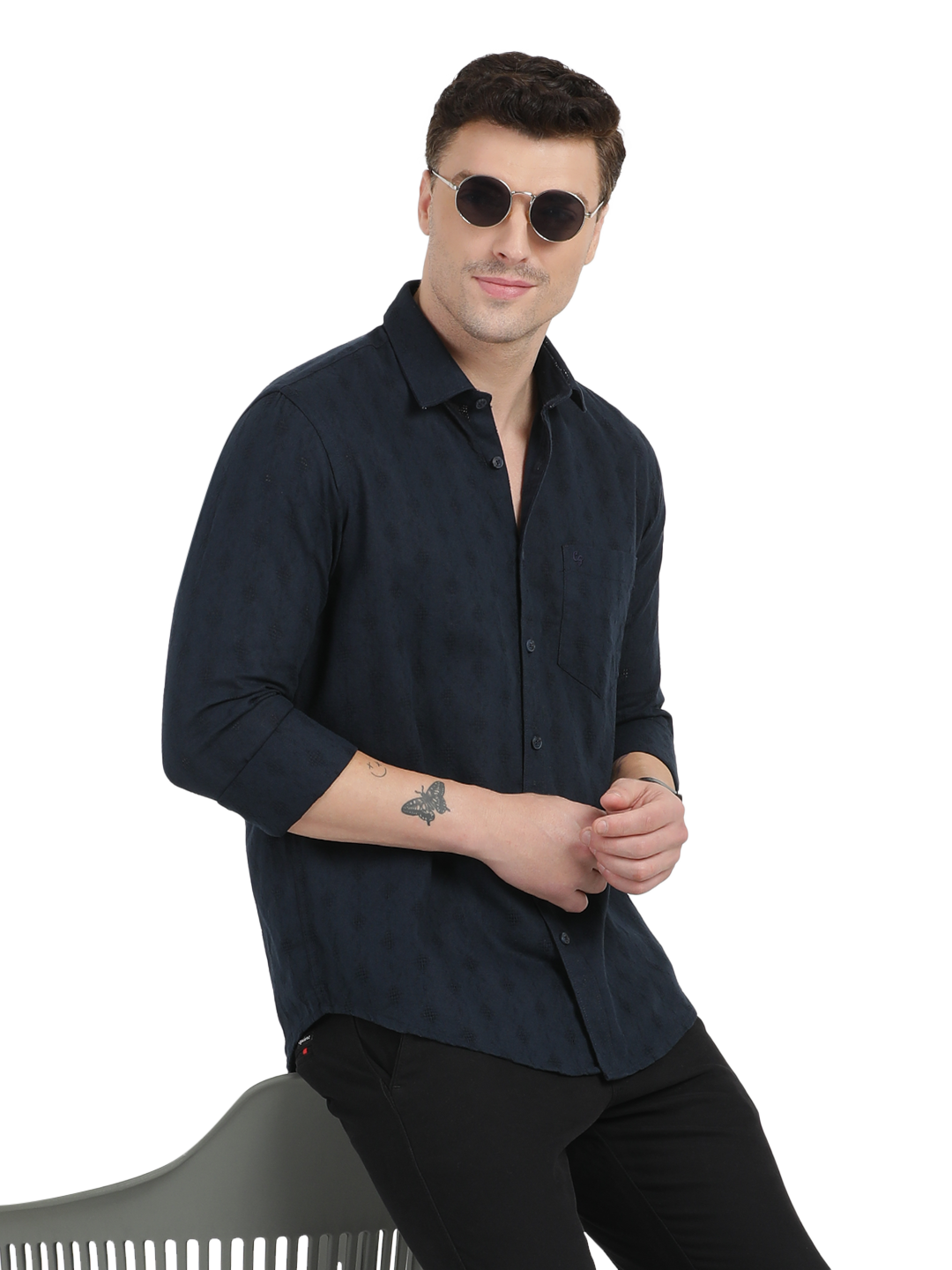 Navy Blue with Subtle Textured Pattern Casual Shirt