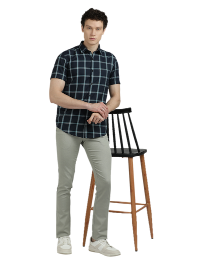 Navy Blue With Green Checked Casual Shirt