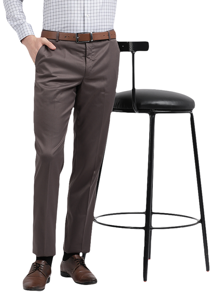 Model wearing Clarke Gable's Grey Sharp Fit Trousers in a casual setting