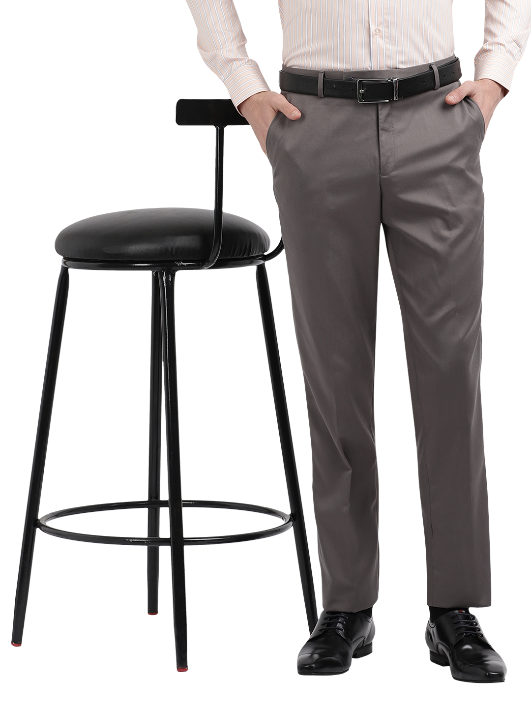 Model wearing Clarke Gable's Grey Casual Fit Trousers in a casual setting