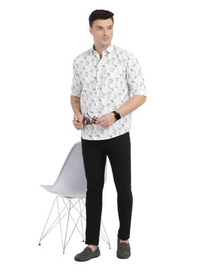White with Grey Floral Casual Shirt