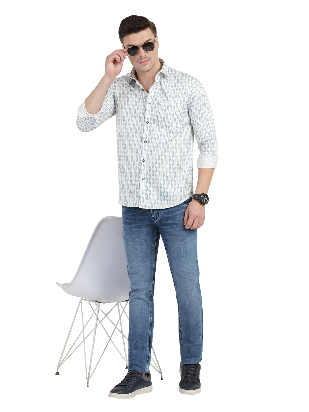 Blue with White Printed Casual Shirt