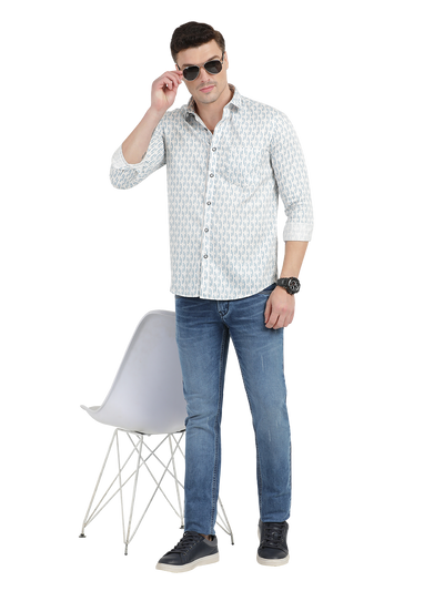 Blue with White Printed Casual Shirt
