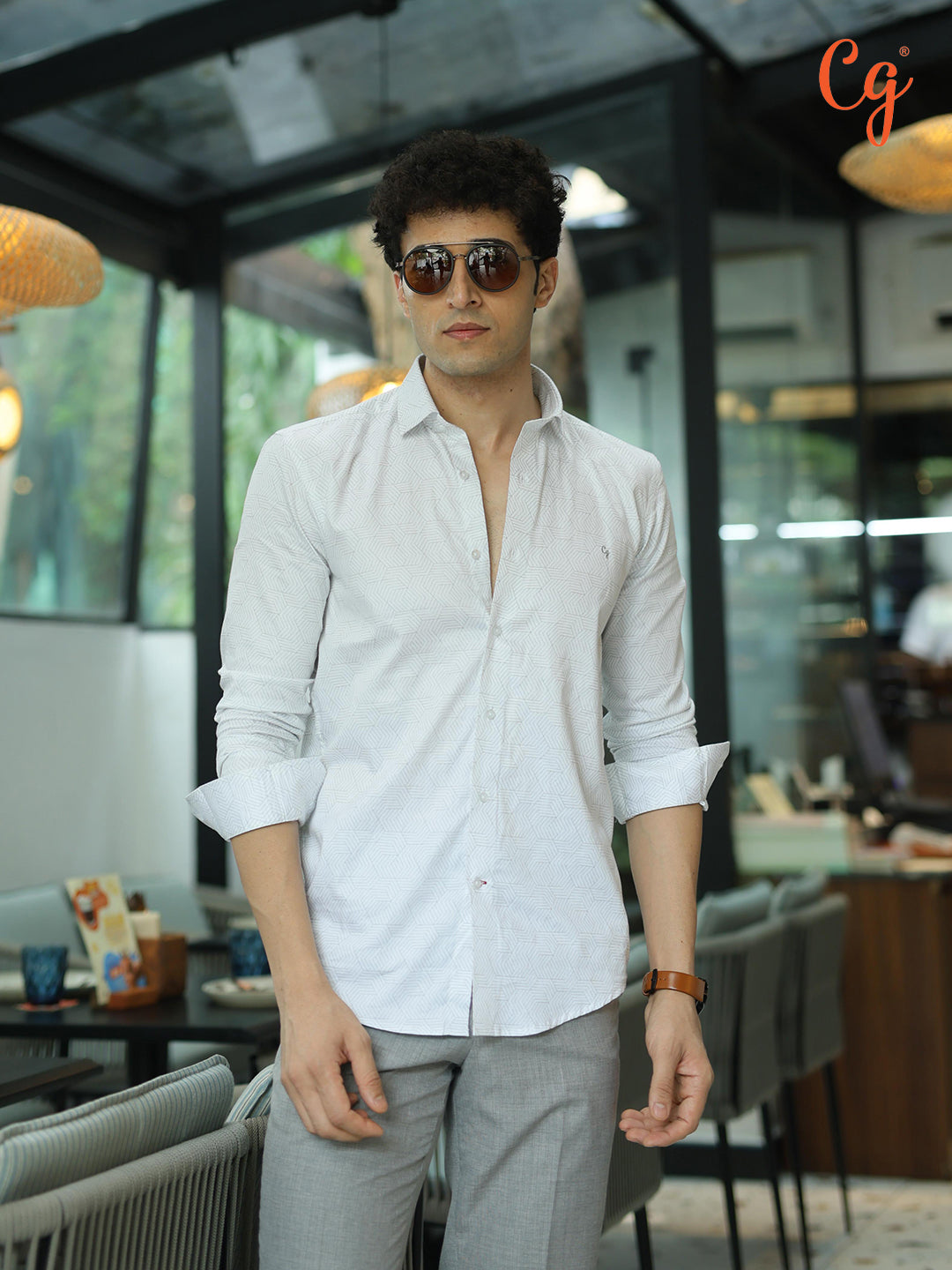 White and Black Geometric Printed Casual Shirt