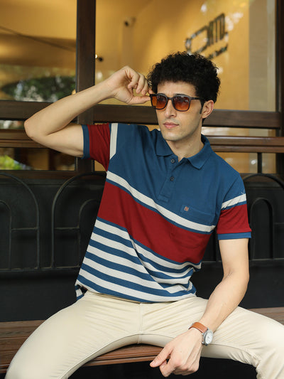 Ocean Blue and Maroon Horizontal Stripes Polo T Shirt