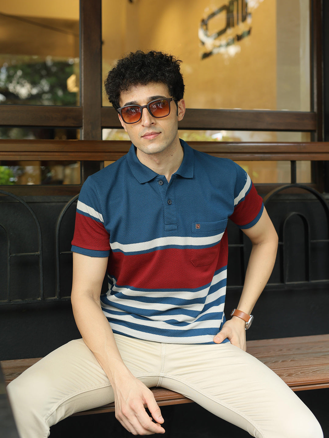 Ocean Blue and Maroon Horizontal Stripes Polo T Shirt