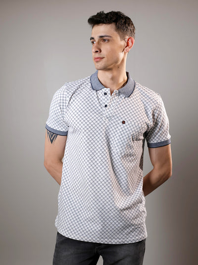 Navy Blue Textured Printed  Polo T Shirt