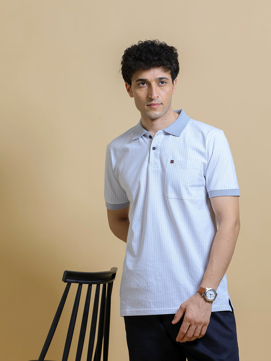 Light Blue Geometirc Printed Polo T Shirt