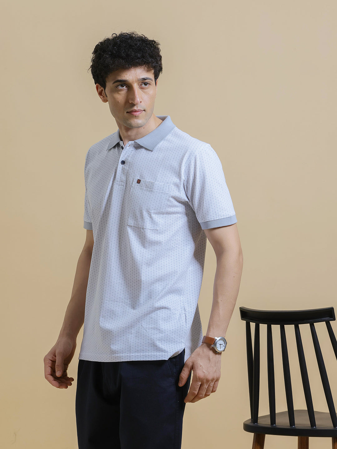 Light Blue Geometirc Printed Polo T Shirt